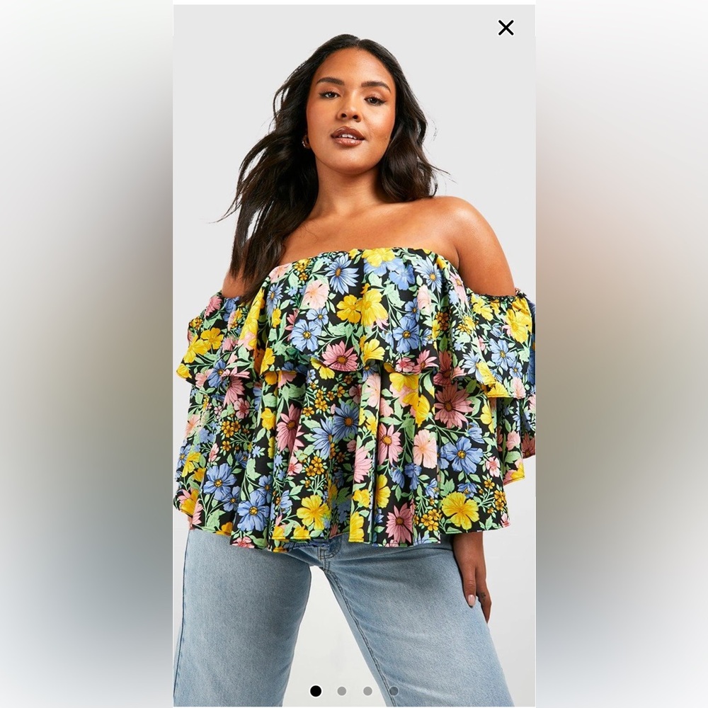 Boohoo Plus Multicolor Woven Ruffle Floral Off-Shoulder Top Size 16